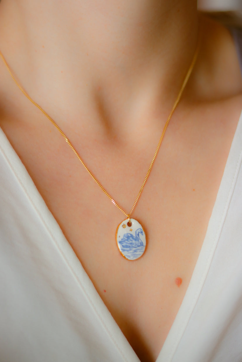 ‘Swan’ Sterling Silver Porcelain Necklace