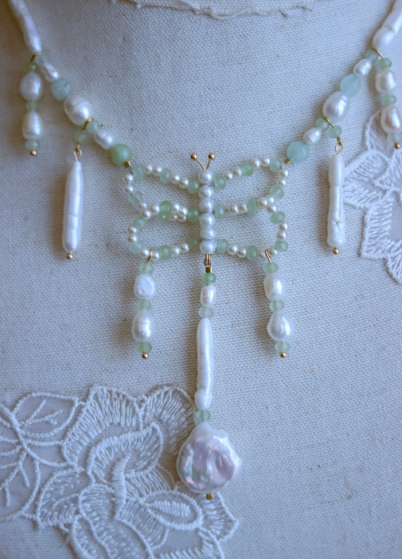 Freshwater Pearl & Aventurine Gemstone Butterfly Necklace