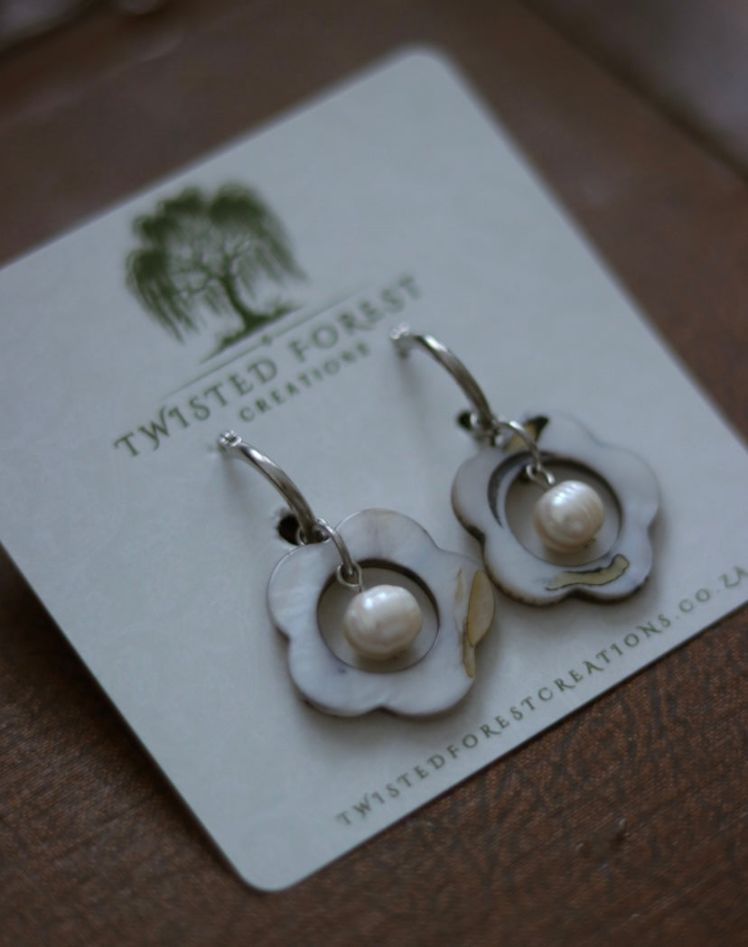 ‘Flora’ Freshwater Pearl & Seashell Hoops