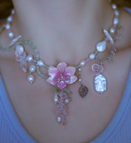 Rose Quartz, Aventurine Gemstone & Freshwater Pearl Orchid Necklace