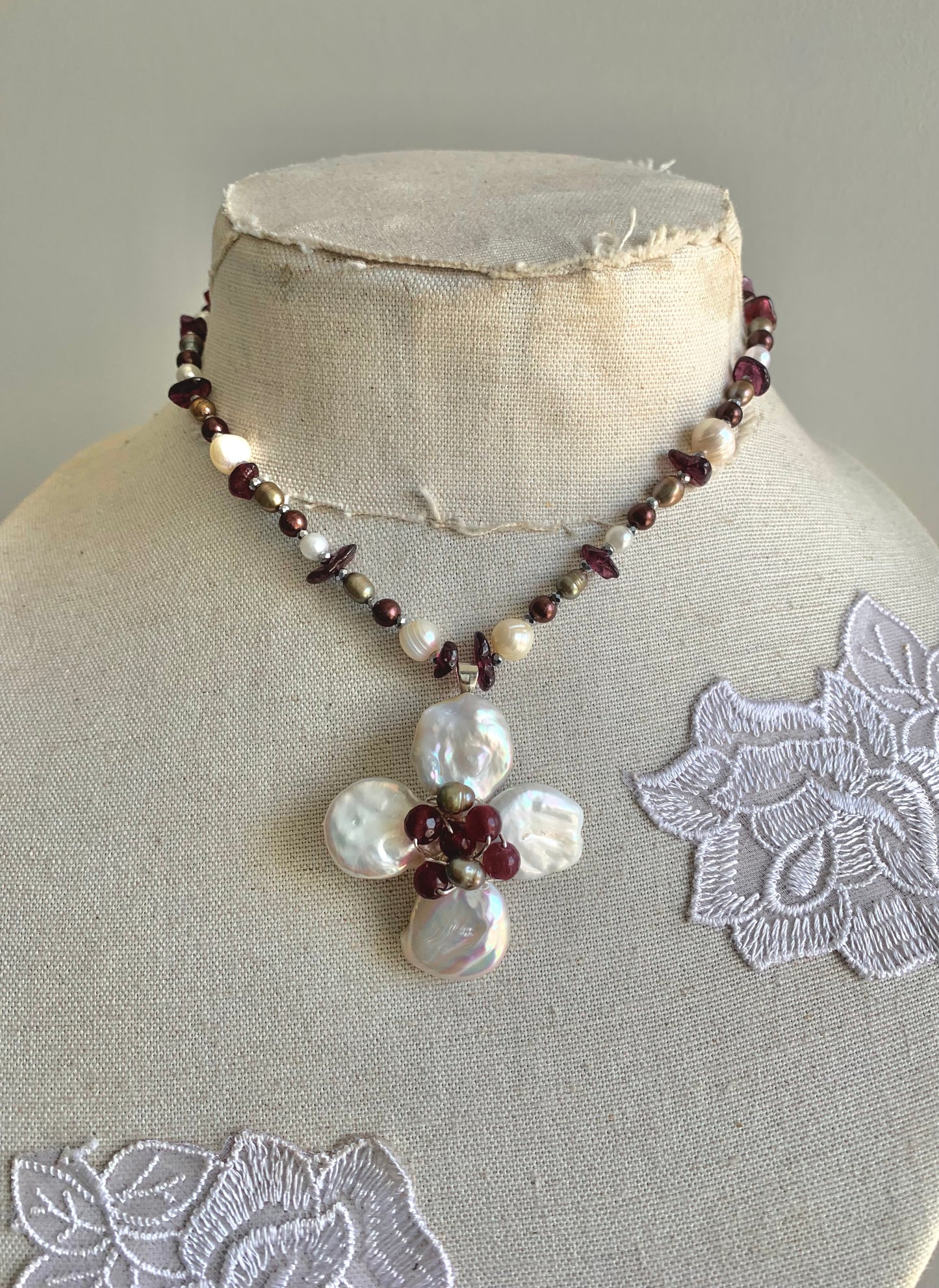 Freshwater Pearl & Garnet Gemstone Flower Necklace