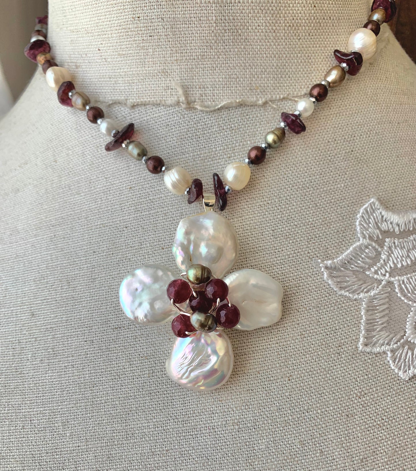 Freshwater Pearl & Garnet Gemstone Flower Necklace