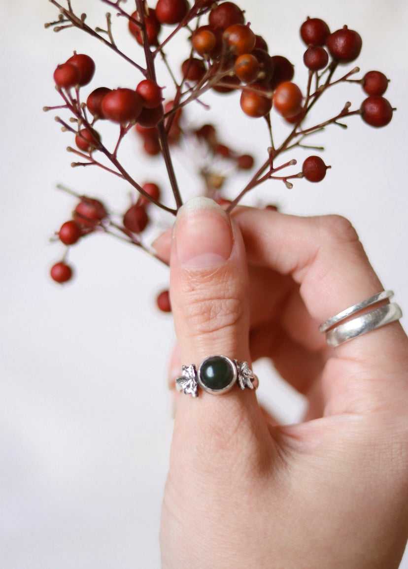 Moss Agate Sterling Silver Maple Ring