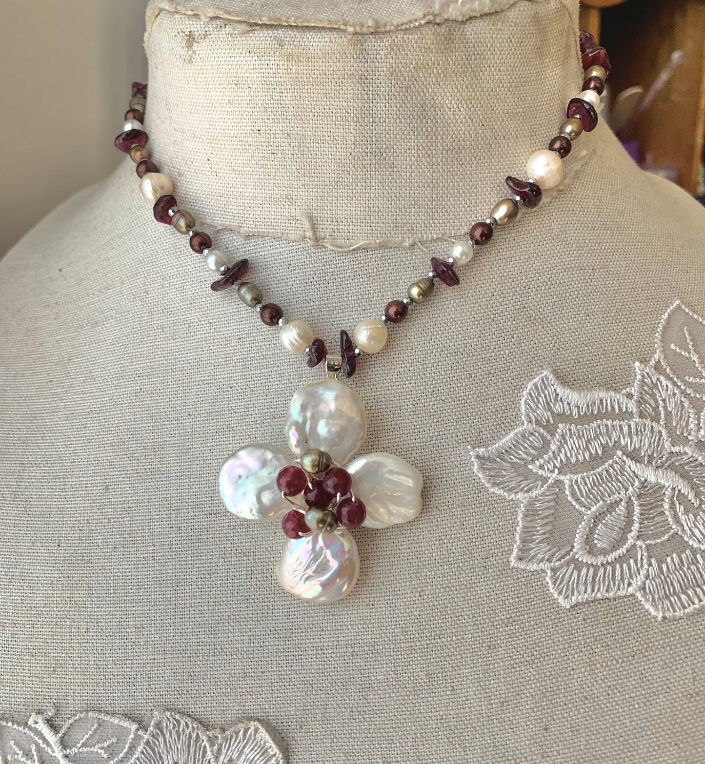 Freshwater Pearl & Garnet Gemstone Flower Necklace
