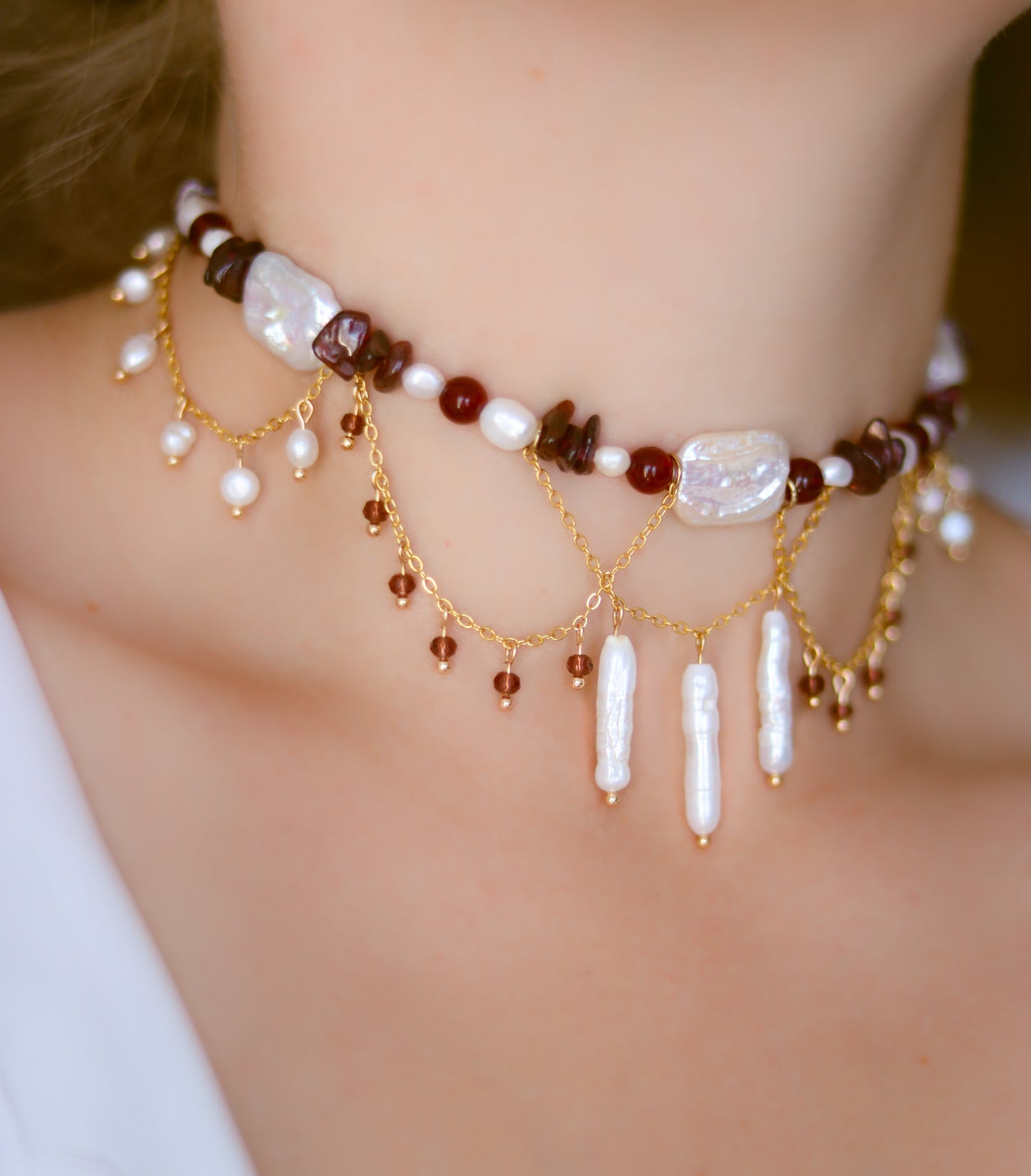 Aphrodite Freshwater Pearl & Garnet Gemstone Necklace