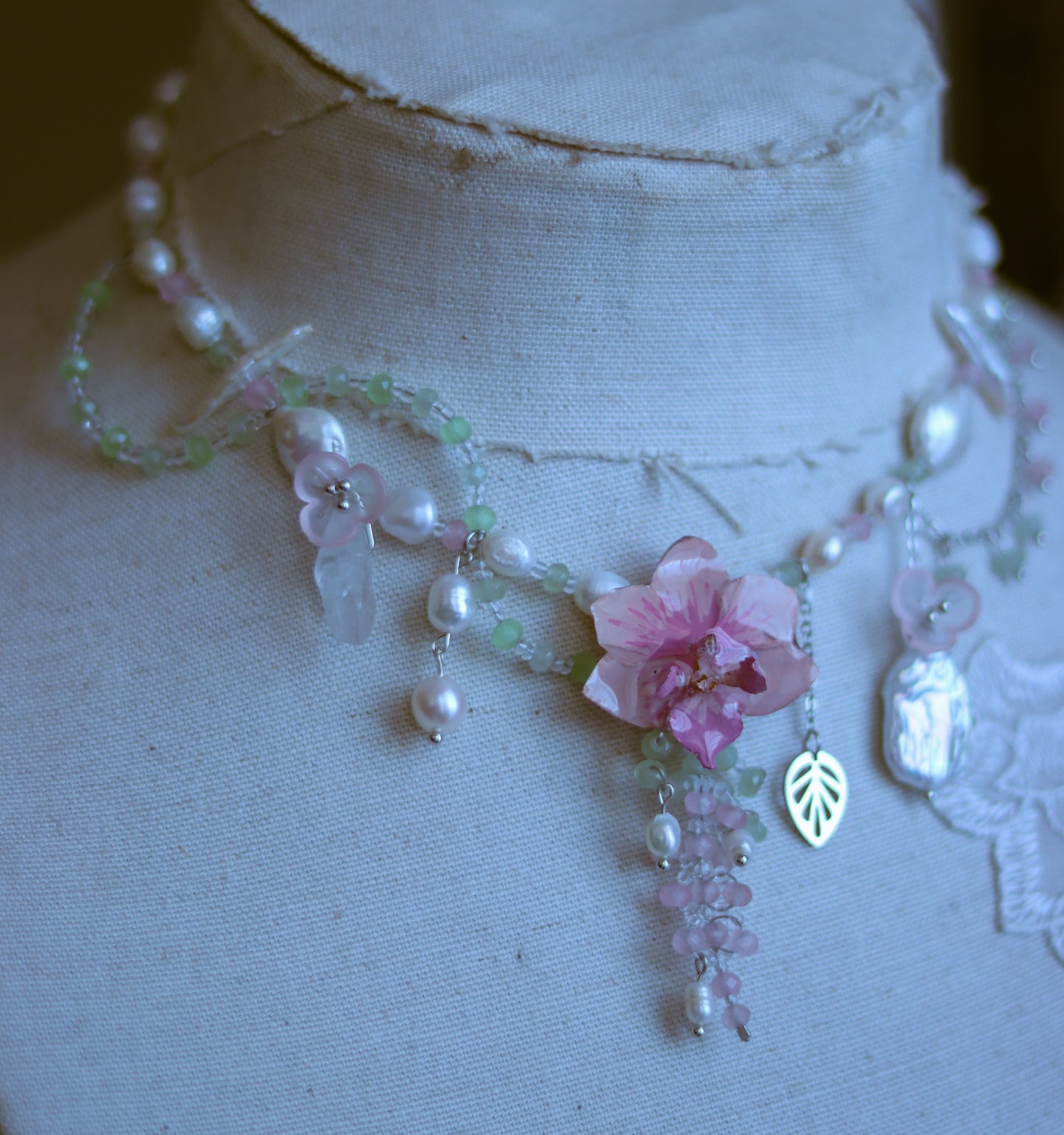 Rose Quartz, Aventurine Gemstone & Freshwater Pearl Orchid Necklace