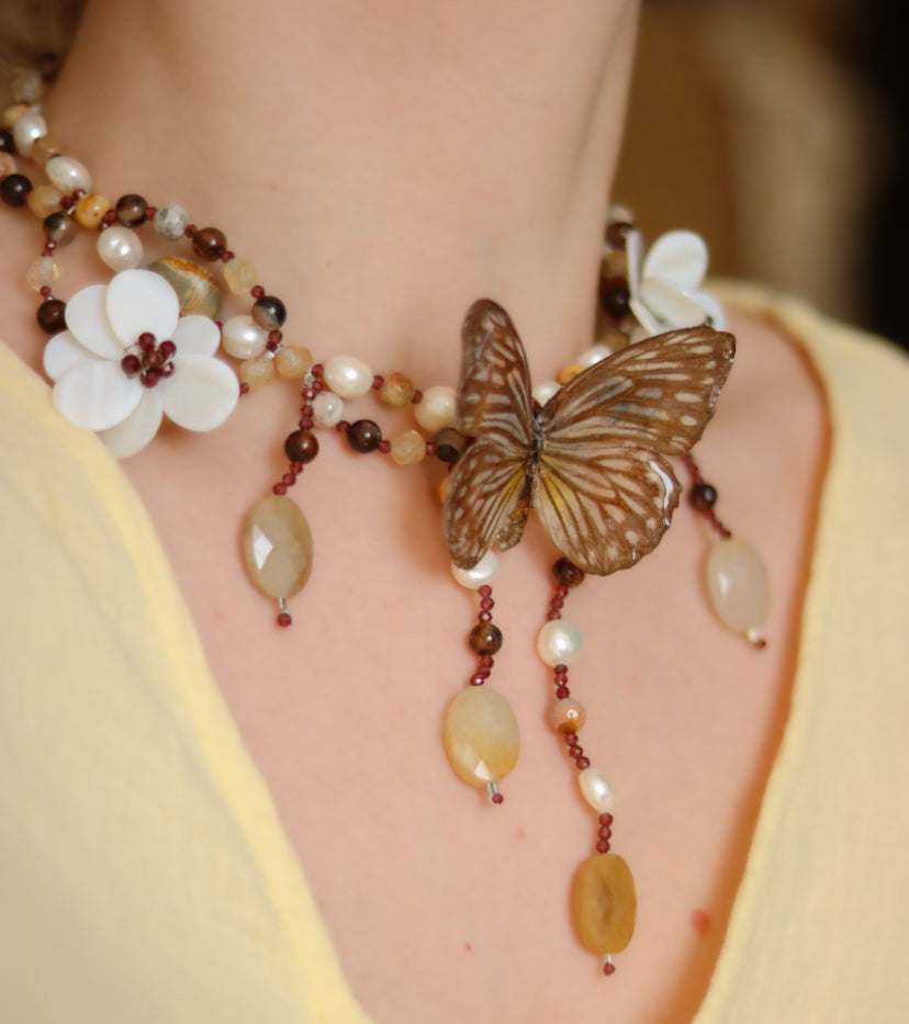 ‘Glassy Tiger’ Freshwater Pearl & Gemstone Butterfly Necklace