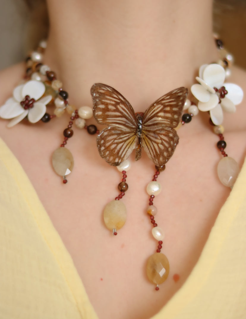 ‘Glassy Tiger’ Freshwater Pearl & Gemstone Butterfly Necklace