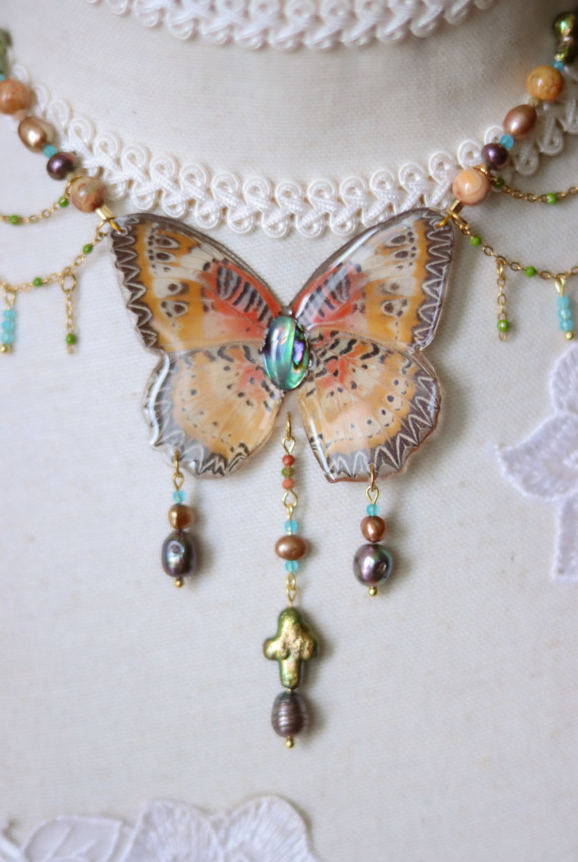 ‘Leopard Lacewing’ Freshwater Pearl & Gemstone Butterfly Necklace