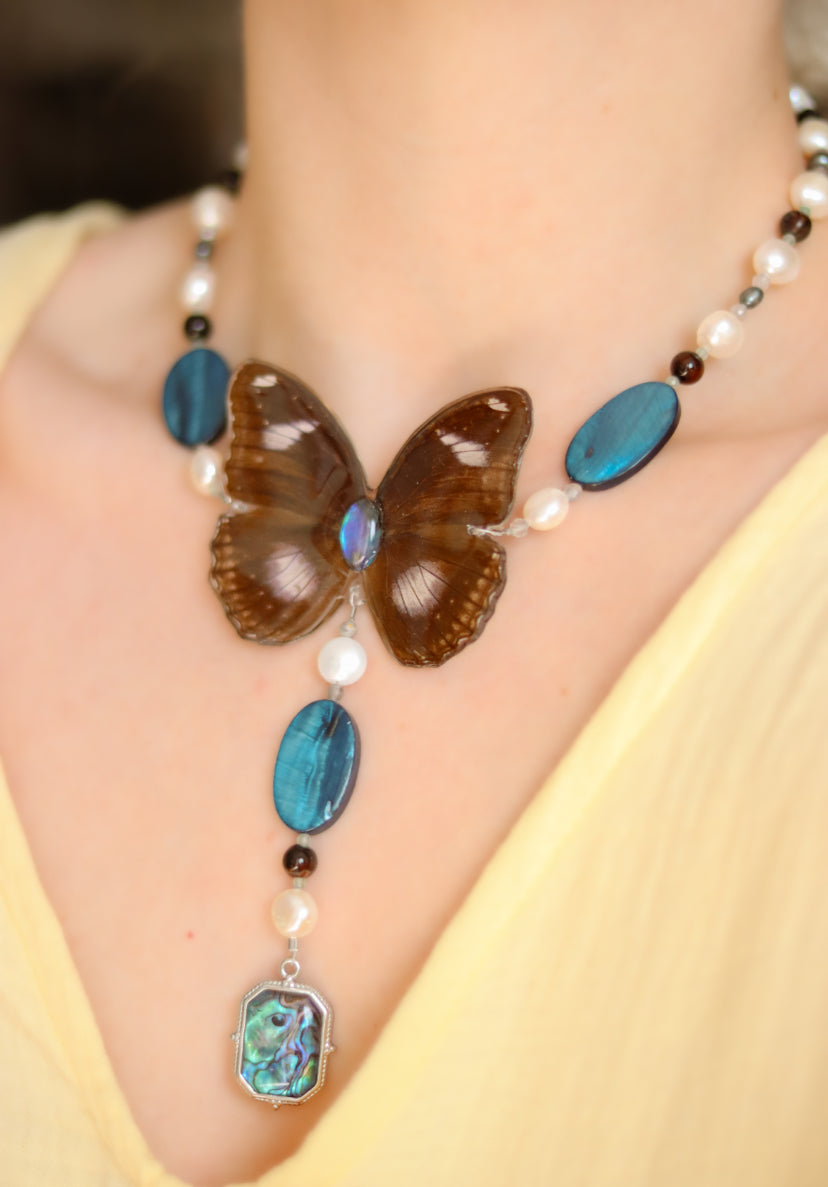‘Blue Moon’ Freshwater Pearl & Gemstone Butterfly Necklace