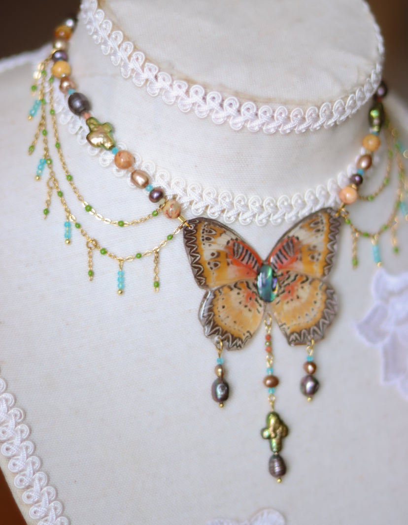‘Leopard Lacewing’ Freshwater Pearl & Gemstone Butterfly Necklace