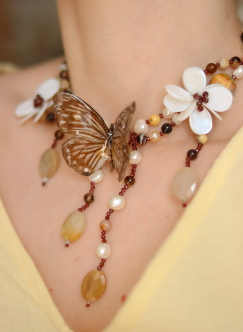 ‘Glassy Tiger’ Freshwater Pearl & Gemstone Butterfly Necklace