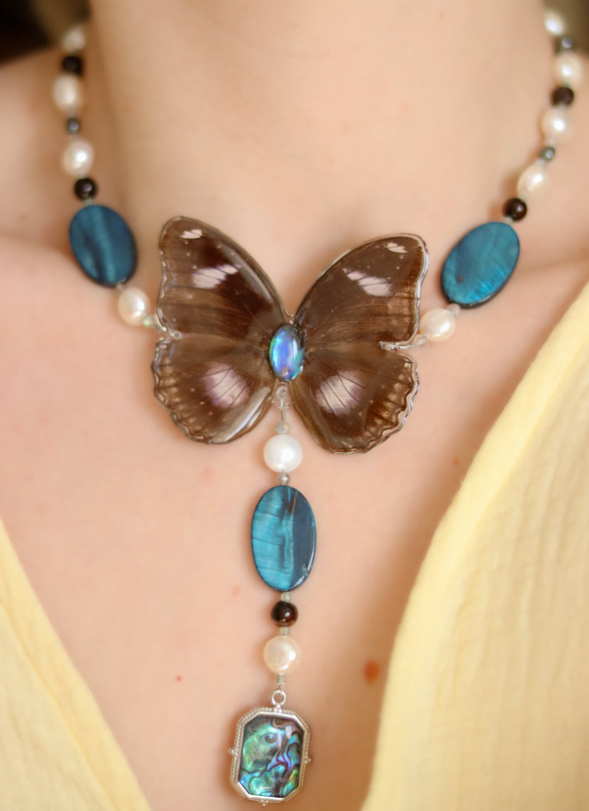 ‘Blue Moon’ Freshwater Pearl & Gemstone Butterfly Necklace