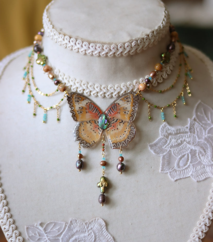 ‘Leopard Lacewing’ Freshwater Pearl & Gemstone Butterfly Necklace