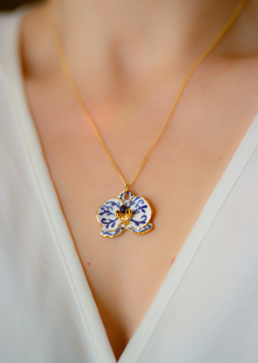 ‘Delft Orchid’ Sterling Silver Porcelain Necklace