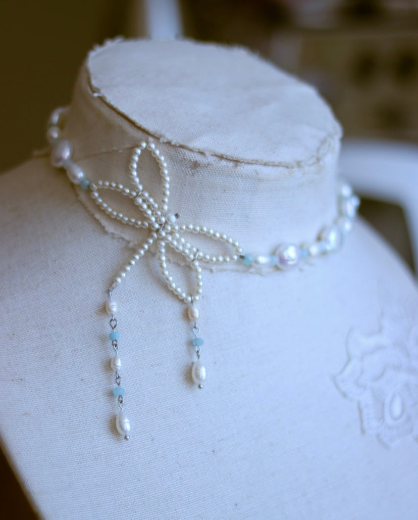 Freshwater Pearl & Aquamarine Gemstone Dragonfly Necklace
