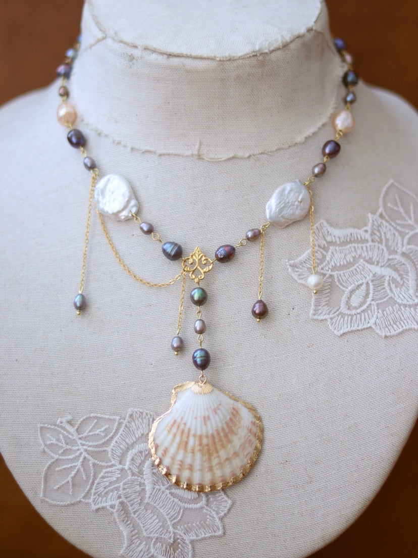 Mermaid’s Secret Freshwater Pearl & Seashell Hand-Painted Necklace