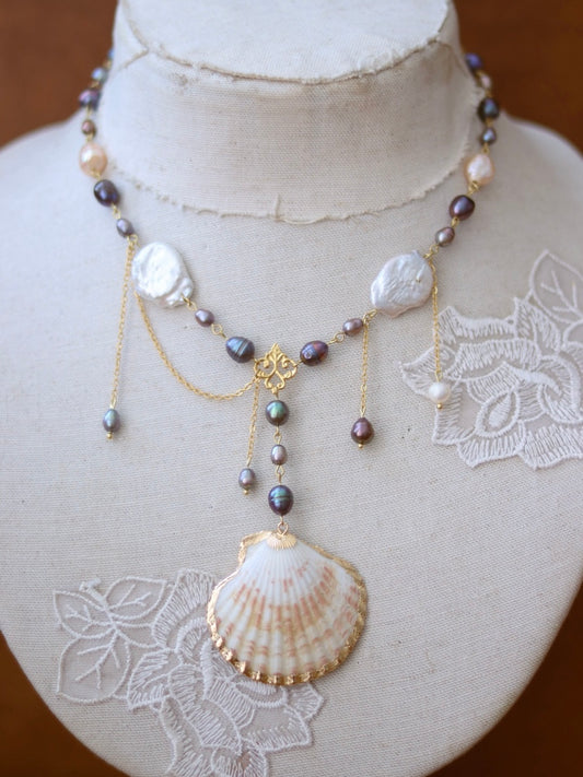 Mermaid’s Secret Freshwater Pearl & Seashell Hand-Painted Necklace