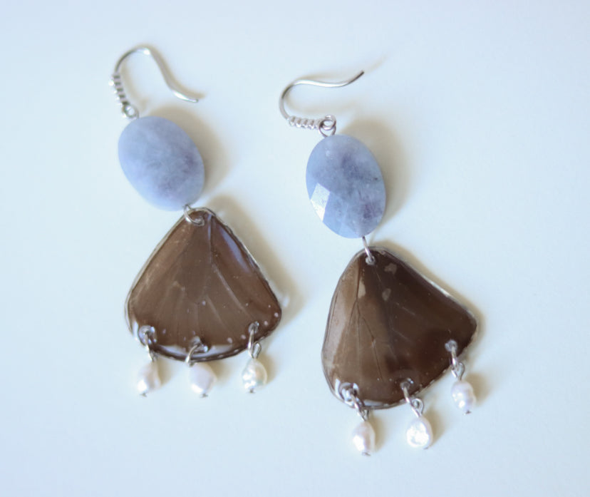 ‘Striped Blue Crow’ Aquamarine & Freshwater Pearls Butterfly Earrings