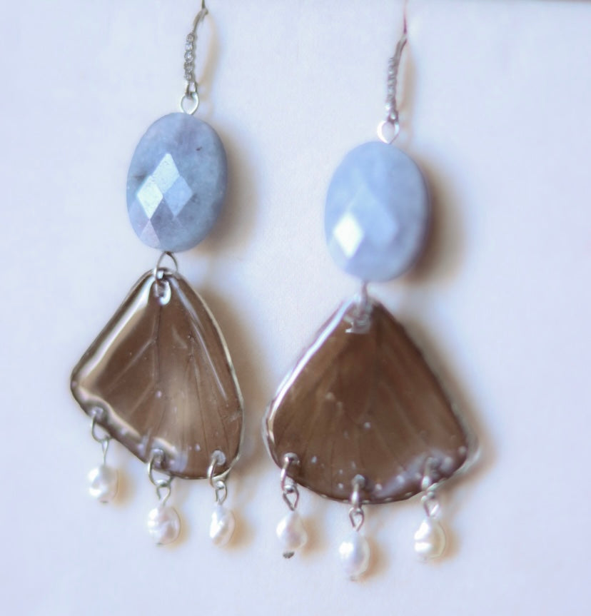 ‘Striped Blue Crow’ Aquamarine & Freshwater Pearls Butterfly Earrings