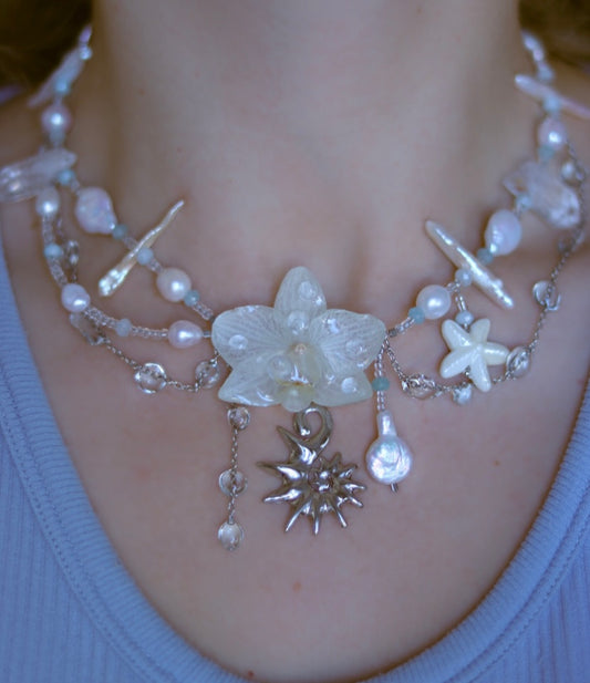 Aquamarine & Freshwater Pearl Orchid Necklace