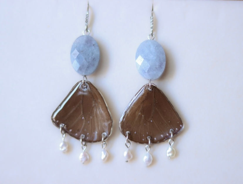 ‘Striped Blue Crow’ Aquamarine & Freshwater Pearls Butterfly Earrings