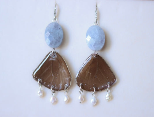 ‘Striped Blue Crow’ Aquamarine & Freshwater Pearls Butterfly Earrings