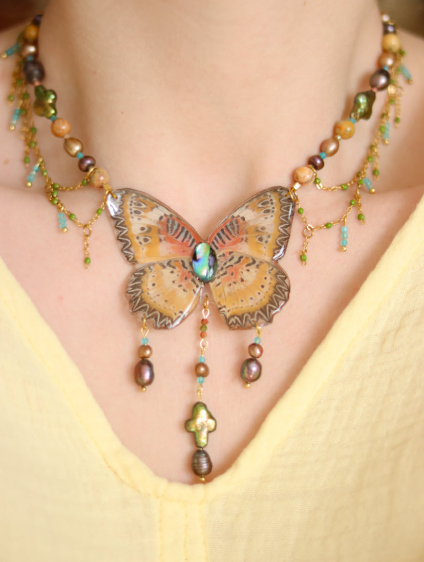 ‘Leopard Lacewing’ Freshwater Pearl & Gemstone Butterfly Necklace