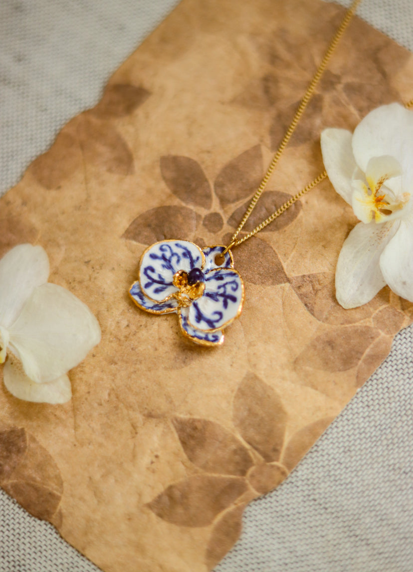 ‘Delft Orchid’ Sterling Silver Porcelain Necklace