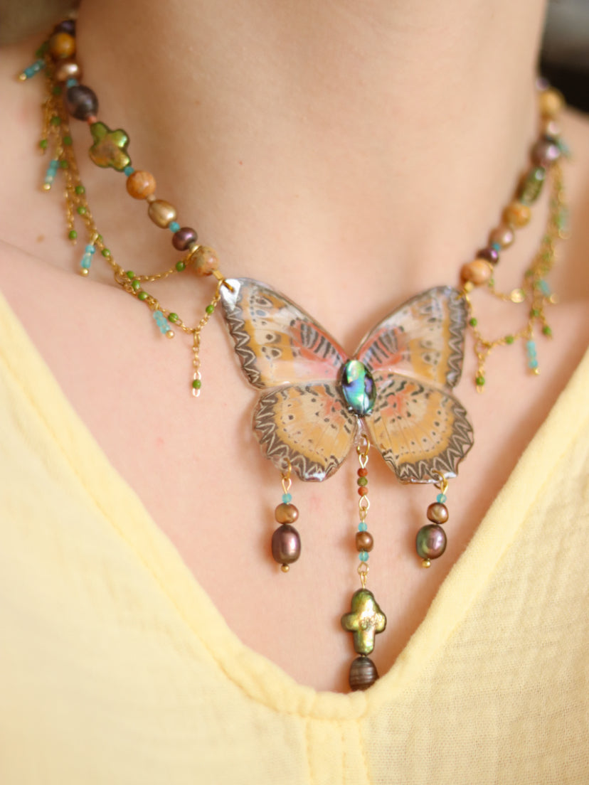 ‘Leopard Lacewing’ Freshwater Pearl & Gemstone Butterfly Necklace
