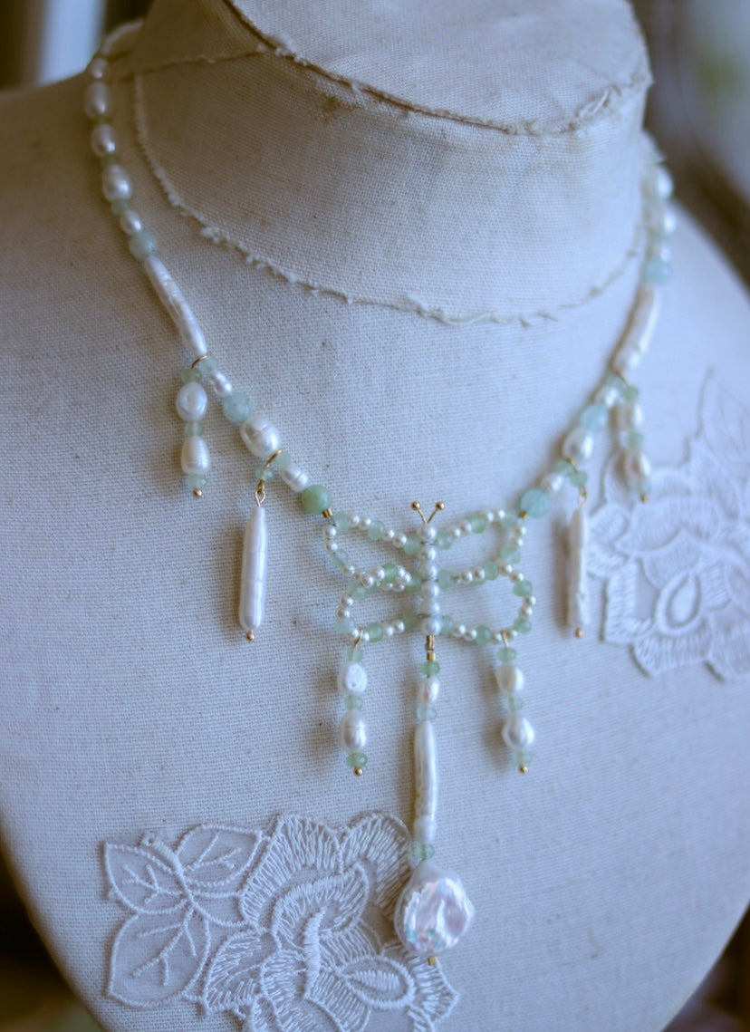 Freshwater Pearl & Aventurine Gemstone Butterfly Necklace