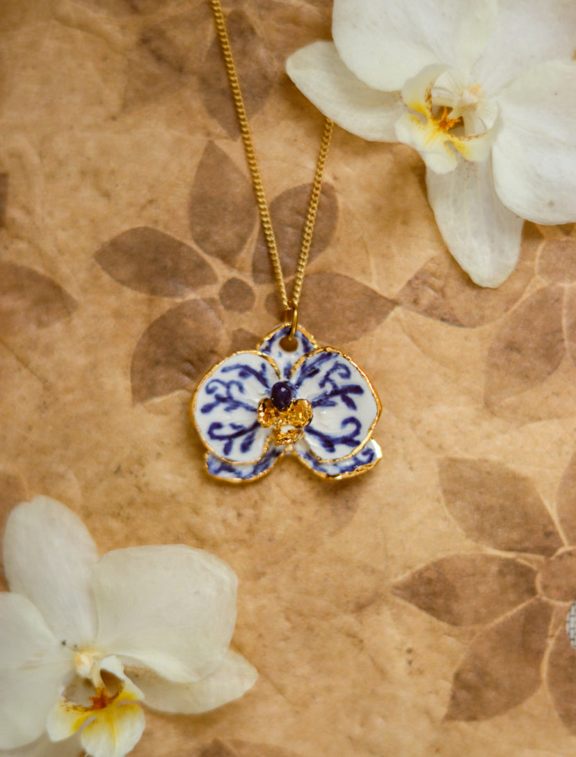 ‘Delft Orchid’ Sterling Silver Porcelain Necklace