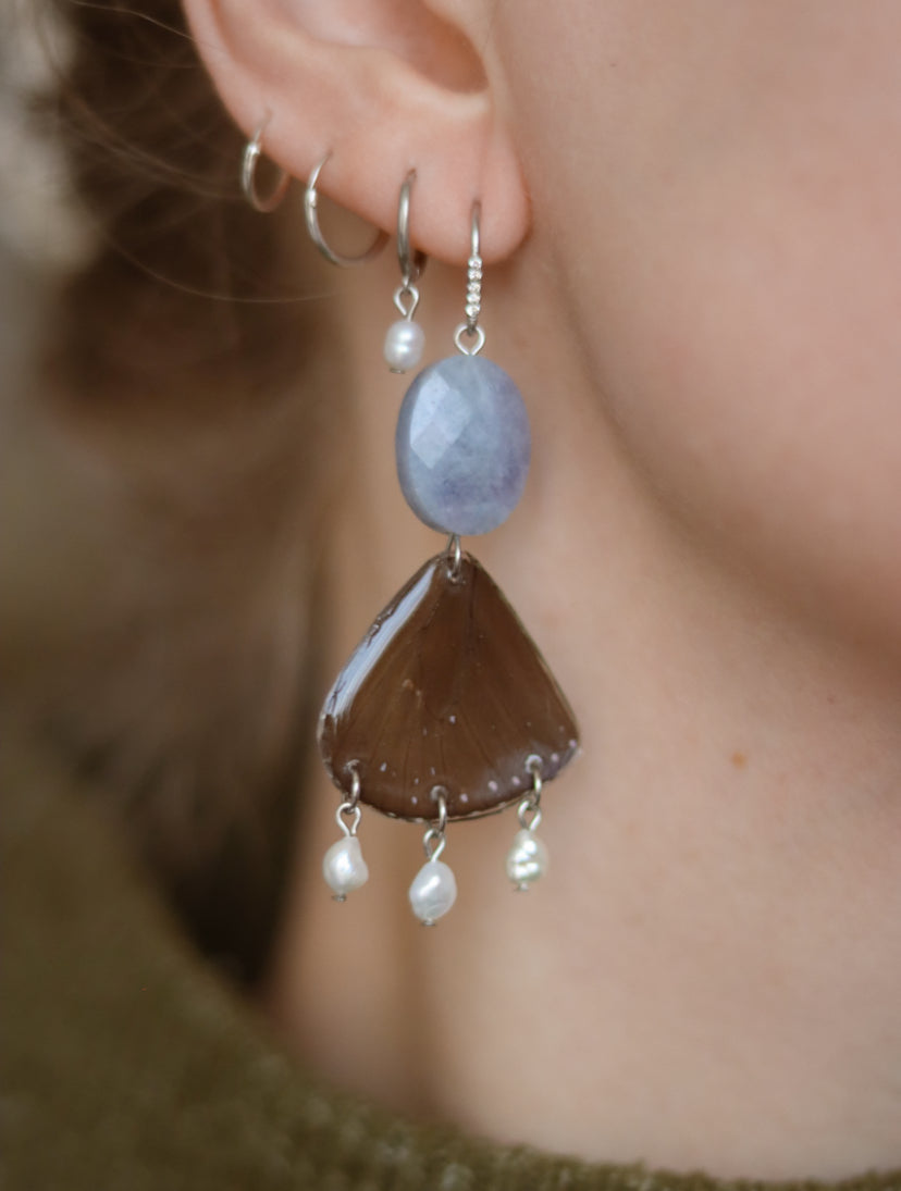 ‘Striped Blue Crow’ Aquamarine & Freshwater Pearls Butterfly Earrings