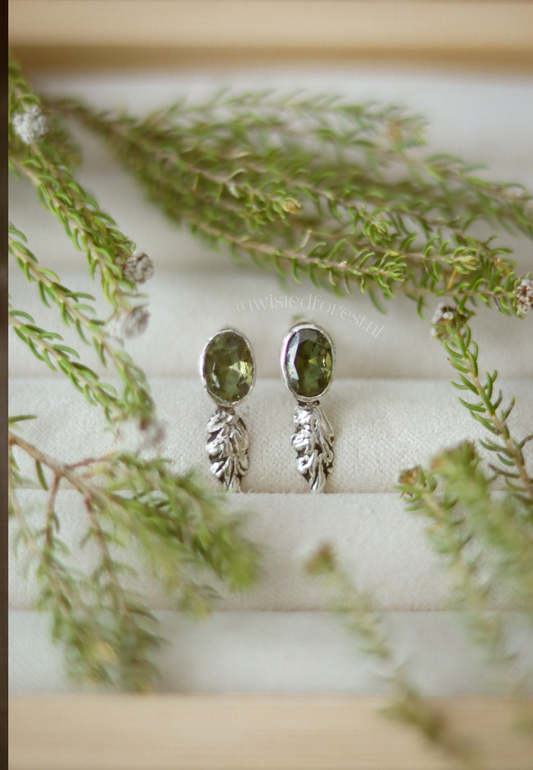 Sterling Silver Peridot Oak Leaf Stud Earrings