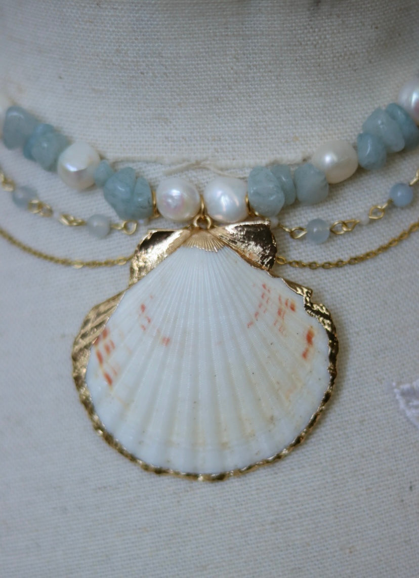 ‘Aqua’ Freshwater Pearl & Gemstone Seashell Necklace