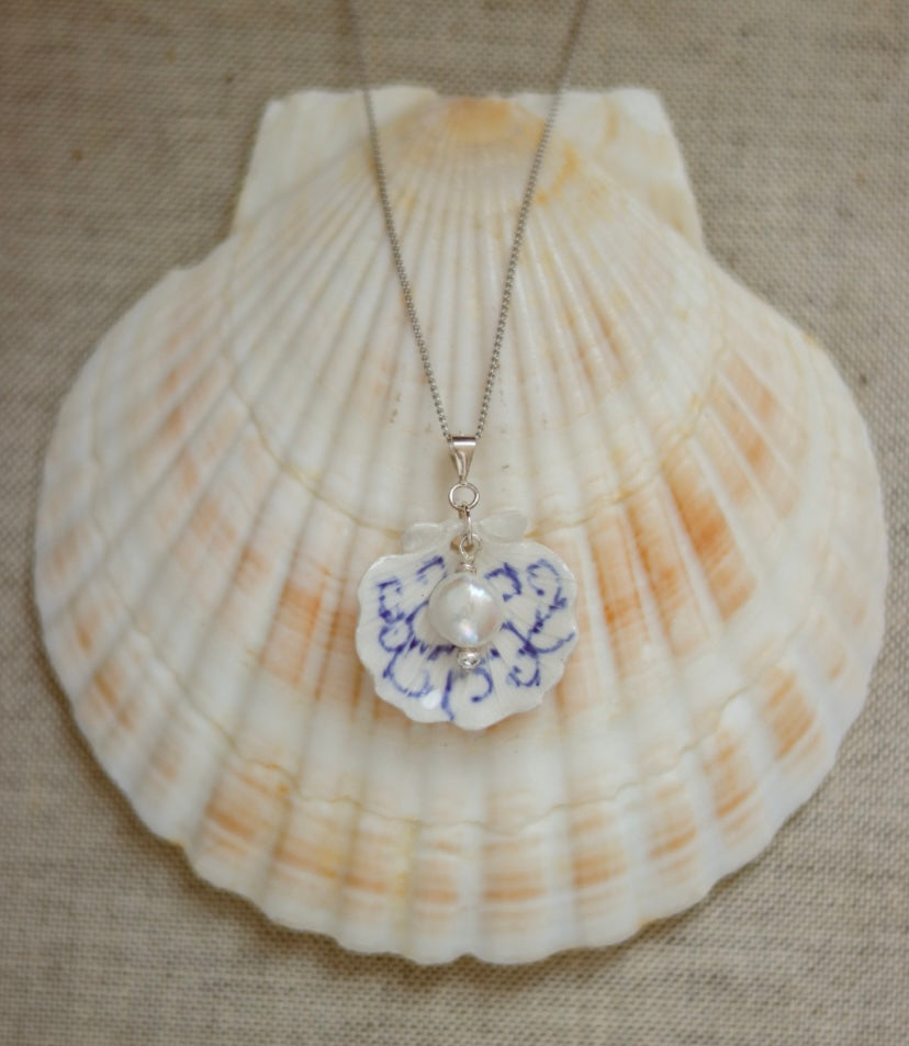 ‘Delft Seashell’ Sterling Silver Freshwater Pearl Porcelain Necklace